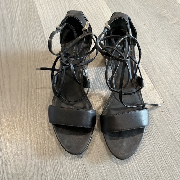 Calvin Klein Natania Black Leather Strappy Lace Up Dress Sandals Silver Heel 7 - Picture 4 of 11